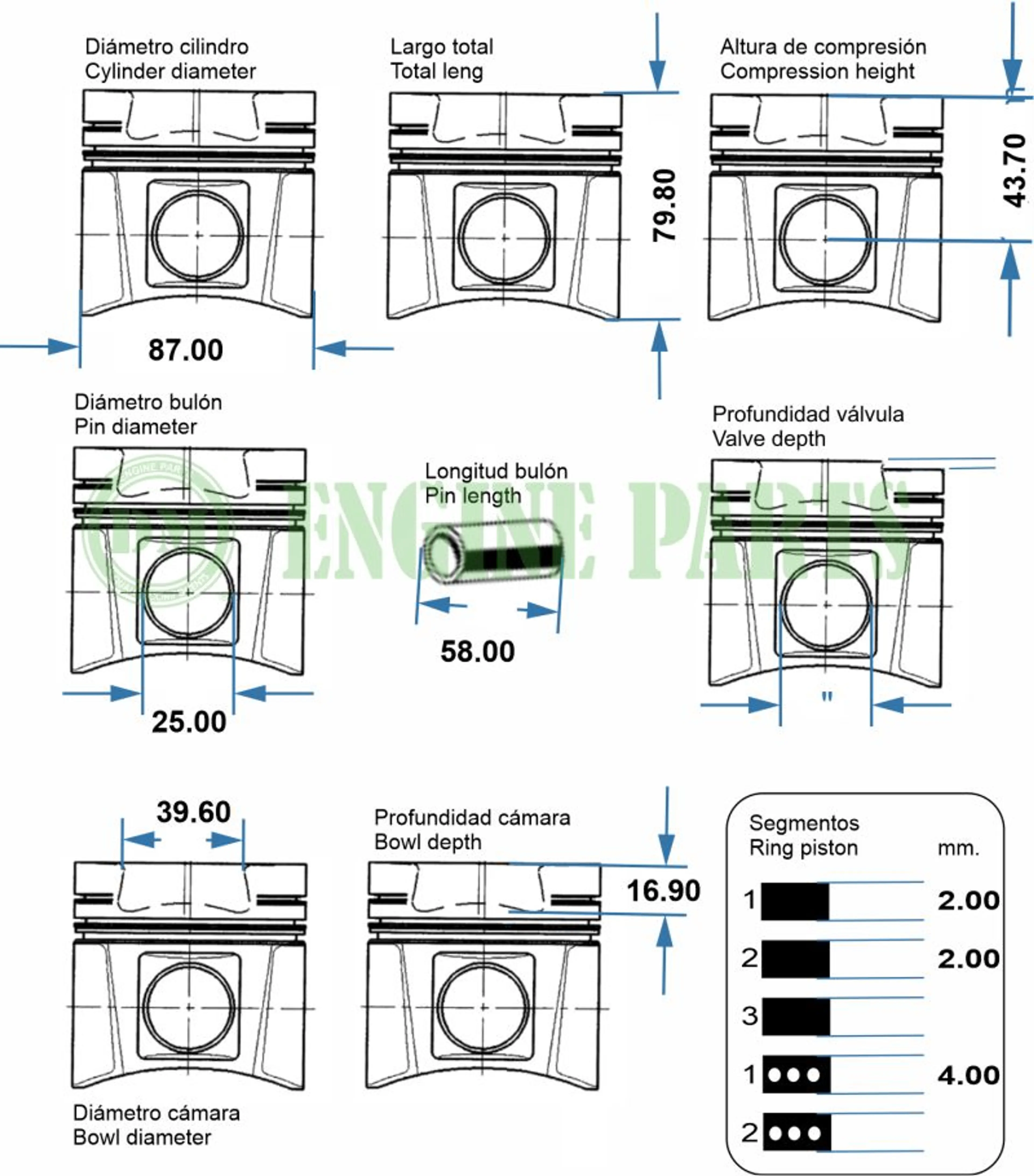 PISTON 87.00 KUBOTA V2203DI/V2403DI